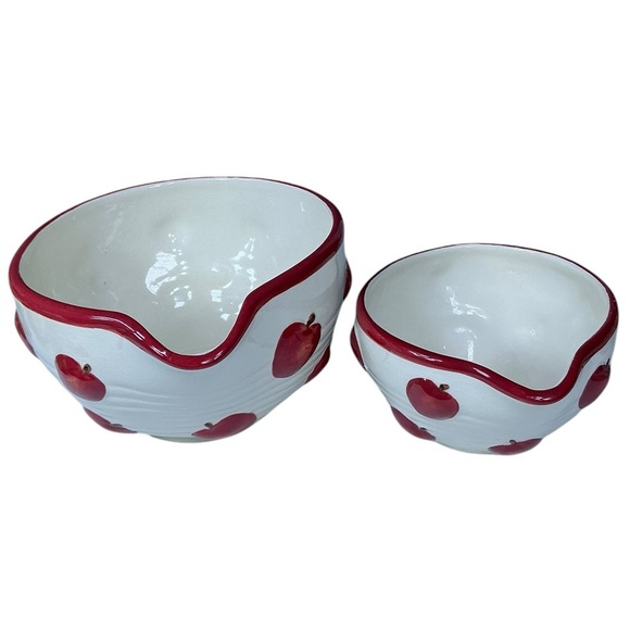 Vintage Mixing Bowls Apples Pour Spouts Handles Ceramic Nesting Design Set of 2 - Picture 3 of 16
